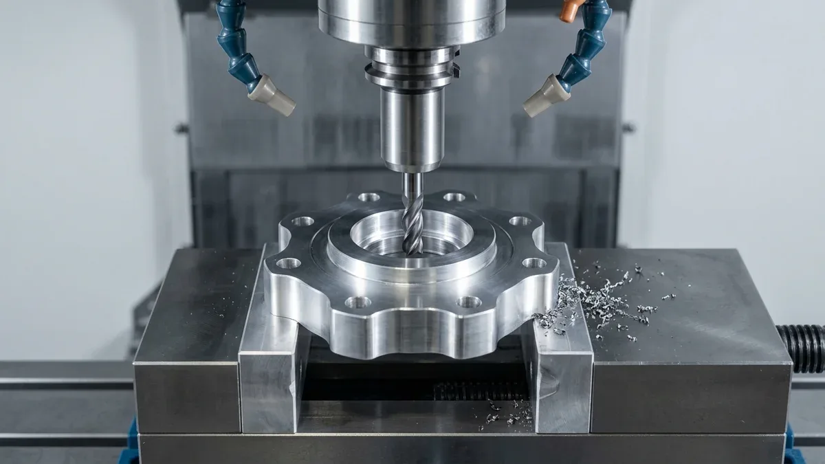 Solid carbide 4-flute end mill executing helical bore interpolation on a 7075-T6 aluminum rotary adapter flange