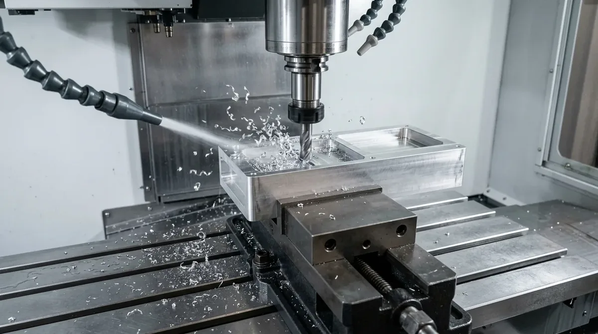 High-Speed 3-Axis CNC Vertical Machining Center Milling Internal Pocket of 6061-T6 Aluminum Prototype Chassis in Precision Vise with Soft Jaws