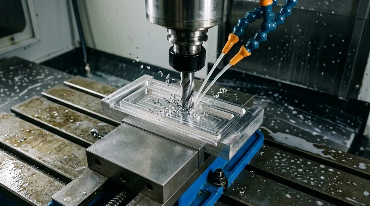 High-Speed 3-Axis CNC Vertical Machining Center Milling Extruded 6061-T6 Aluminum Phone Housing Billet Clamped in Machine Vise