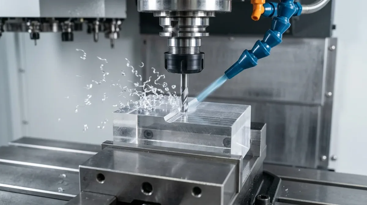 High speed CNC milling of clear optical PMMA acrylic block under vortex cold air stream