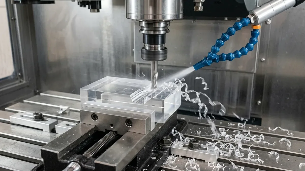 High-Speed 3-Axis CNC Vertical Milling of Optical PMMA Acrylic with Single O-Flute Tool and Vortex Cold-Air Gun