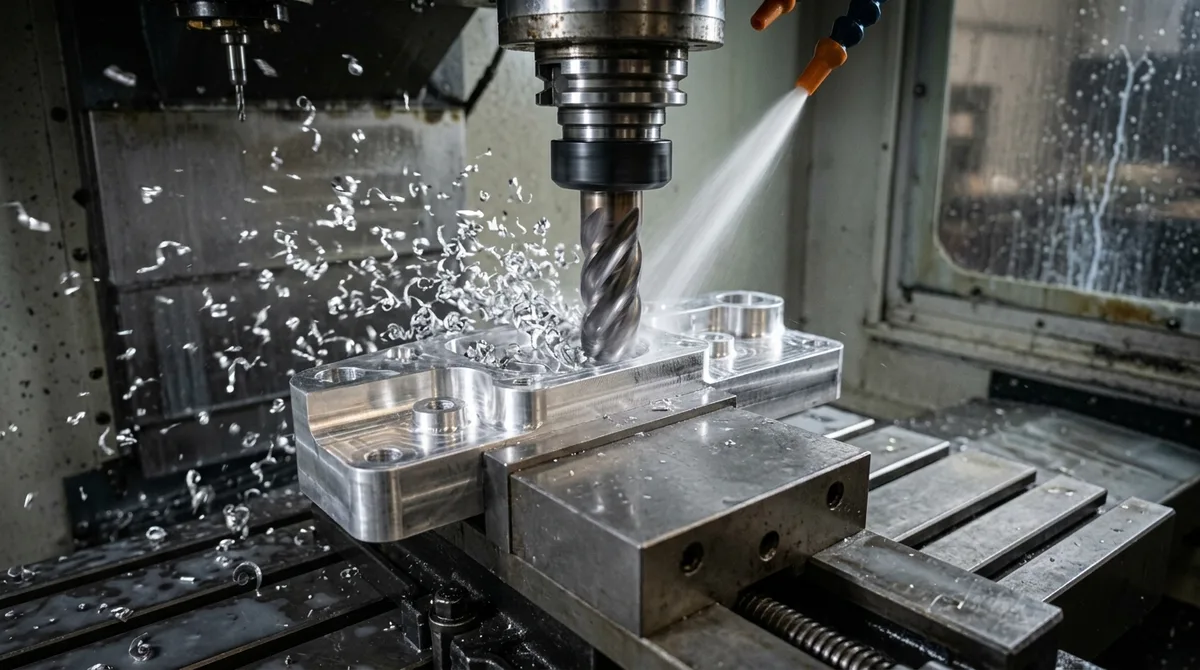 High-speed CNC milling of 6061 aluminum prototype billet with flood coolant and precision toolpaths