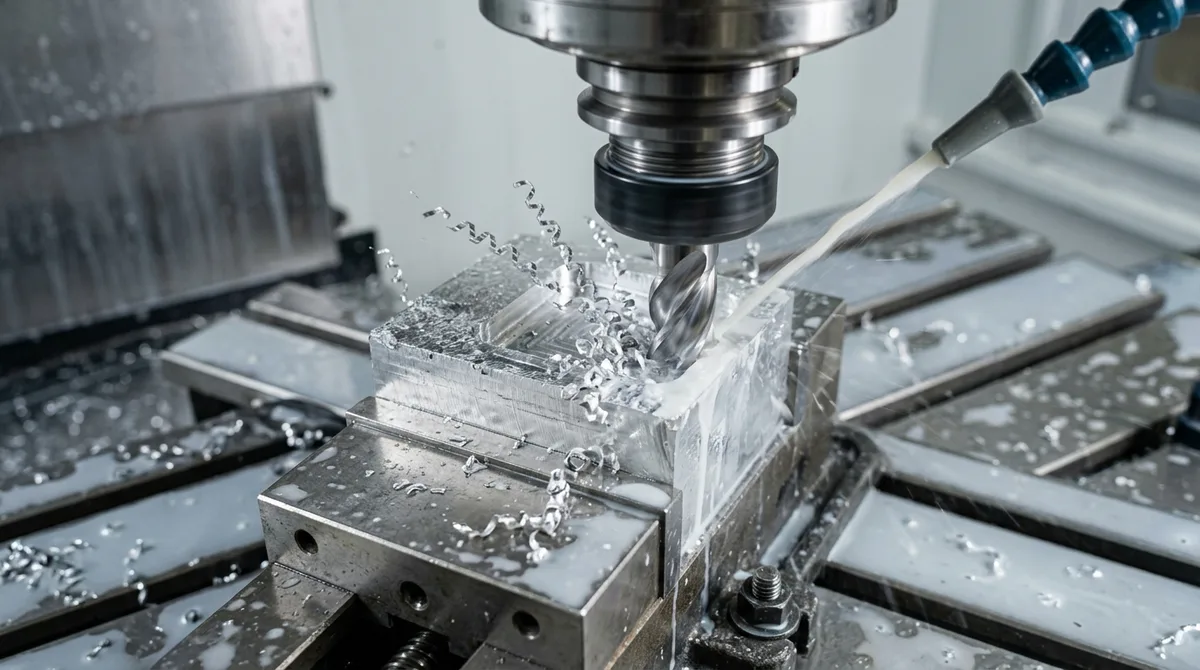 High-speed CNC vertical milling machine pocketing a 6061-T6 aluminum billet clamped in a precision vise with flood coolant and curly swarf chips