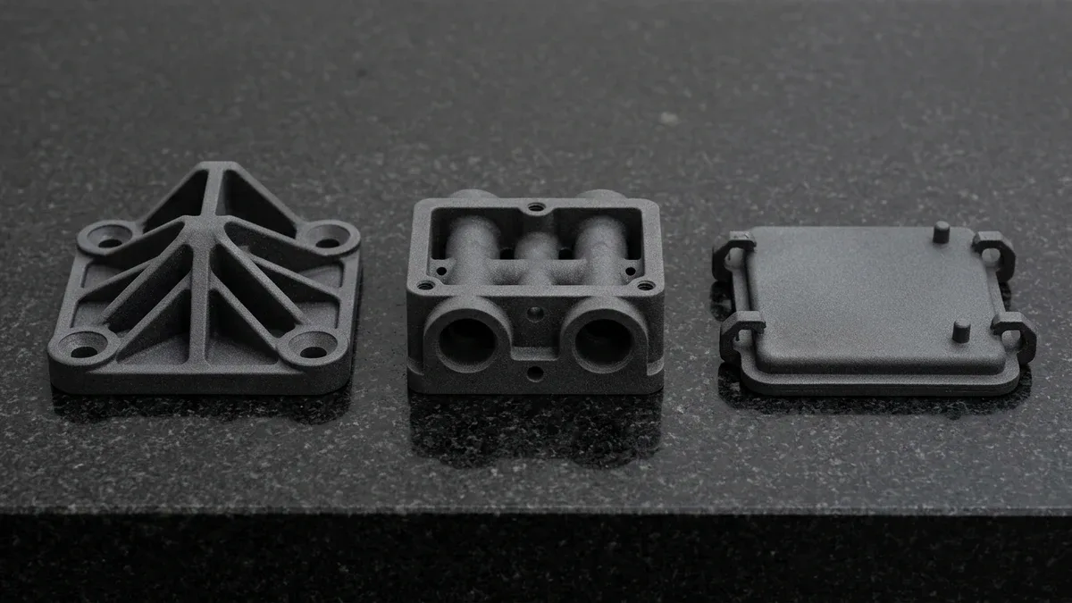Three dark charcoal-grey HP Multi Jet Fusion PA12 nylon production parts on black granite: ribbed robotics motor mount bracket, hollow fluid manifold with drainage ports, and snap-fit electronics lid