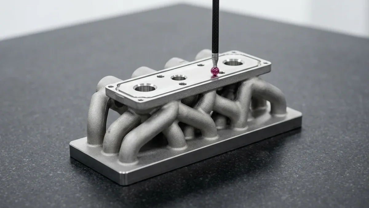 Finished hybrid DMLS 316L stainless steel hydraulic manifold on black granite with a vertical bridge CMM ruby ball probe verifying its flat CNC post-machined top sealing flange