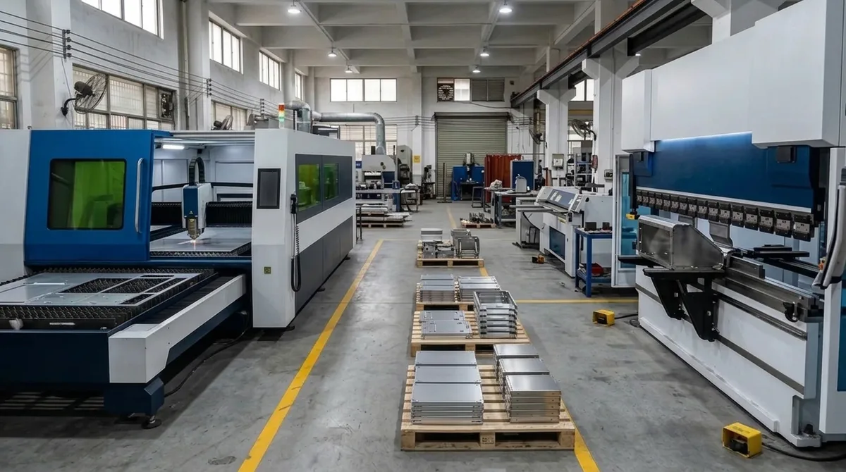 Precision sheet metal fabrication center equipped with fiber laser cutters and CNC hydraulic press brakes
