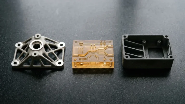 Three industrial additive manufacturing components on black granite: DMLS Ti-6Al-4V topology-optimized bracket with CNC-machined pads, amber SLA microfluidic manifold plate, and dark charcoal-grey MJF PA12 housing