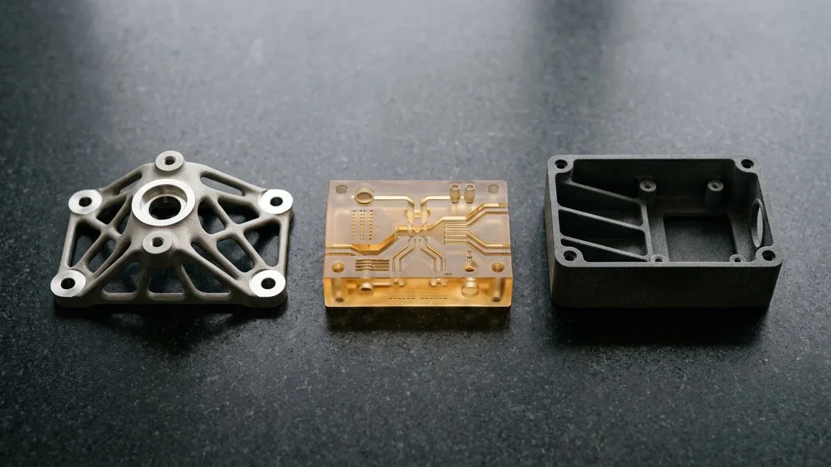 Three industrial additive manufacturing components on black granite: DMLS Ti-6Al-4V topology-optimized bracket with CNC-machined pads, amber SLA microfluidic manifold plate, and dark charcoal-grey MJF PA12 housing
