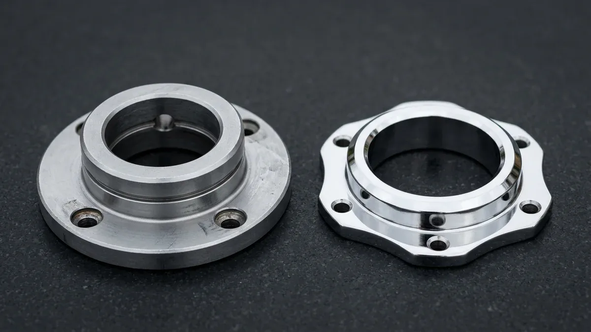 Industrial hard-chrome-plated 4140 steel flanged sleeve bushing compared beside a mirror-bright decorative chrome collar ring
