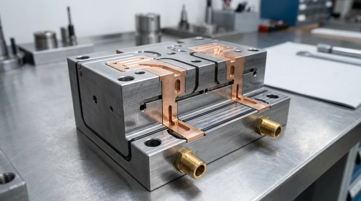 Precision injection mold core assembly featuring integrated copper alloy thermal inserts and cooling fittings