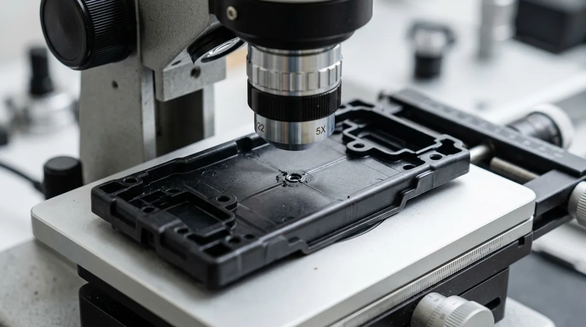 Optical microscope 5X inspection of molded black ABS enclosure verifying gate vestige and weld line integrity