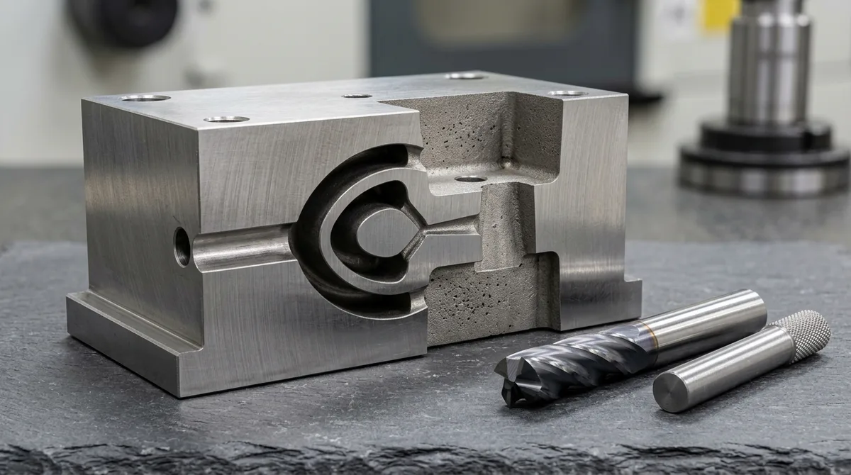 Cutaway tool steel injection mold insert displaying gun-drilled cooling channels and sub-marine gate layout lying flat on dark slate surface