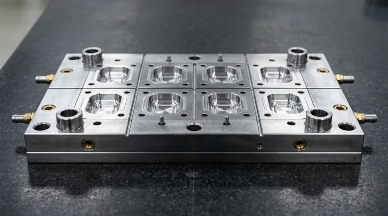 Multi-cavity hardened tool steel injection mold cavity plate assembly resting flat on granite surface plate