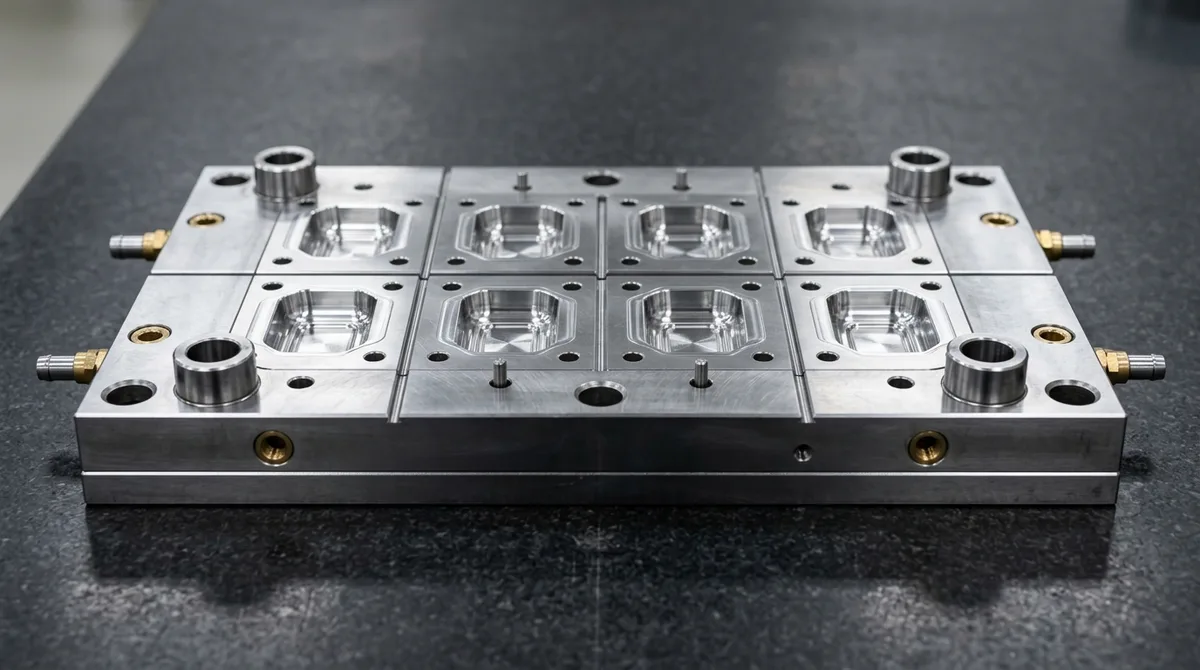 Multi-cavity hardened tool steel injection mold cavity plate assembly resting flat on granite surface plate
