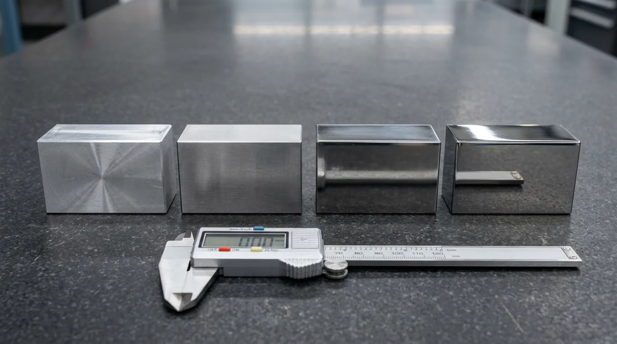 Four injection mold tooling alloys including 7075-T6 aluminum, P20, NAK80, and mirror-polished S136 ESR tool steel blocks lying flat on granite plate