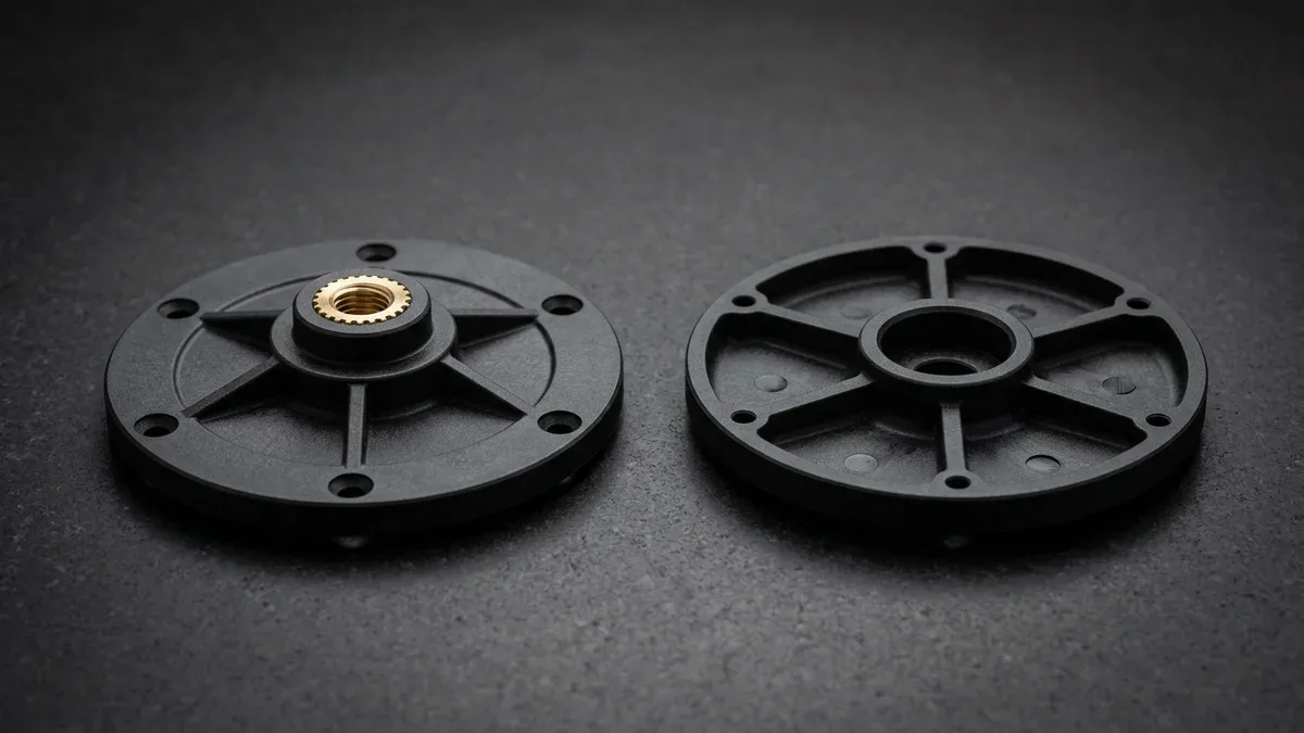 Injection-molded PA66-GF30 glass-filled nylon rotary drive hubs showing cored pockets, radial ribs, and brass insert