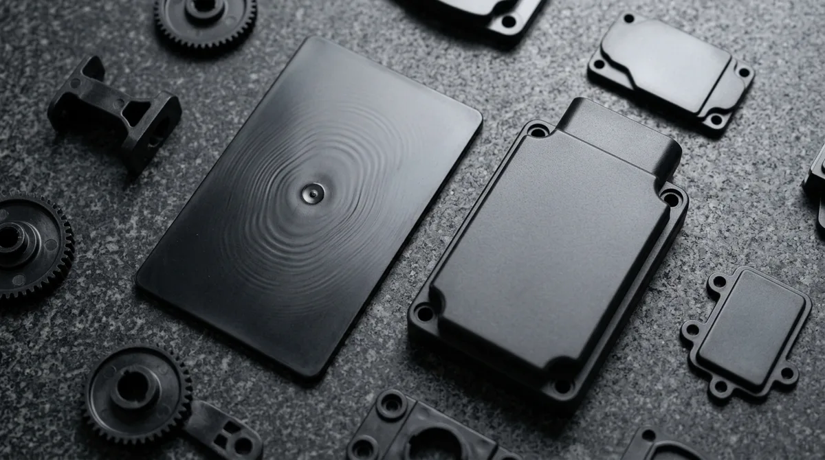 Precision injection molded black thermoplastic housing and test plaque with flow mark ripples flat on granite inspection plate