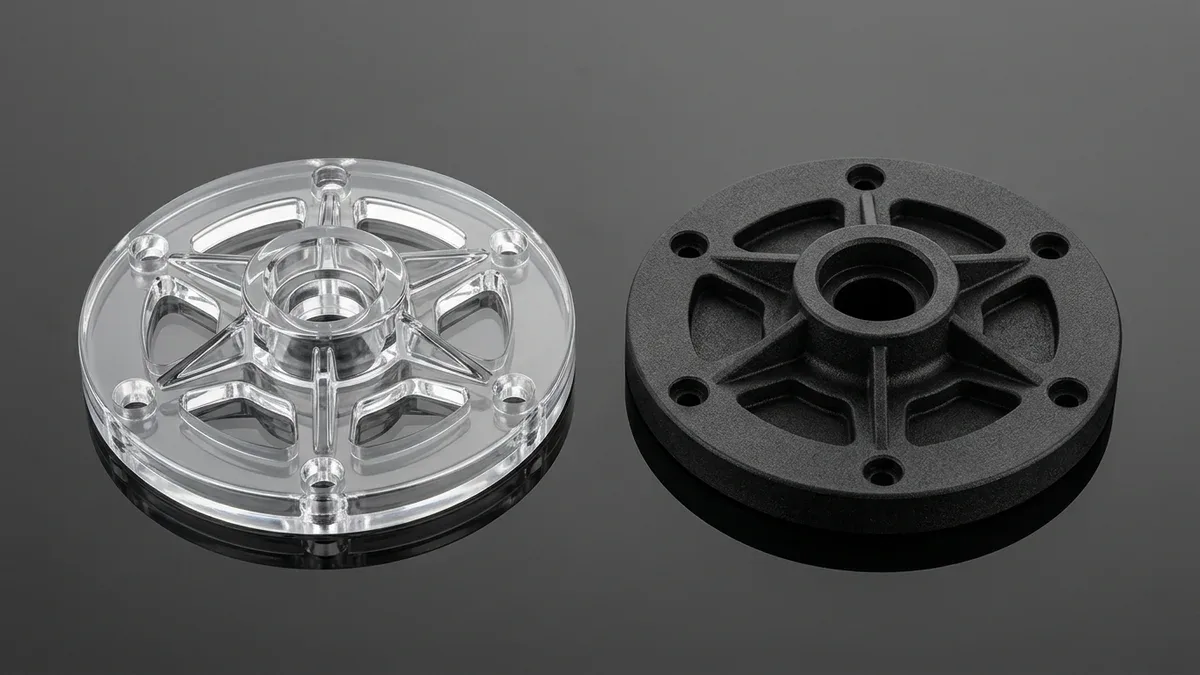 Injection-molded polycarbonate and glass-filled nylon rotary sensor flanges comparing SPI A-1 mirror and VDI 3400 matte textures
