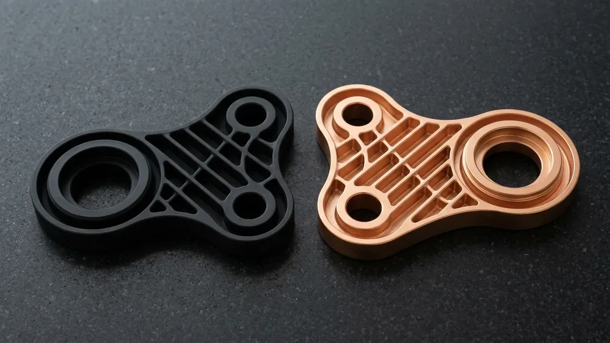 Cored-out injection-molded polymer wishbone bearing link plates with matte polyurethane soft-touch and copper-nickel EMI shielding coatings