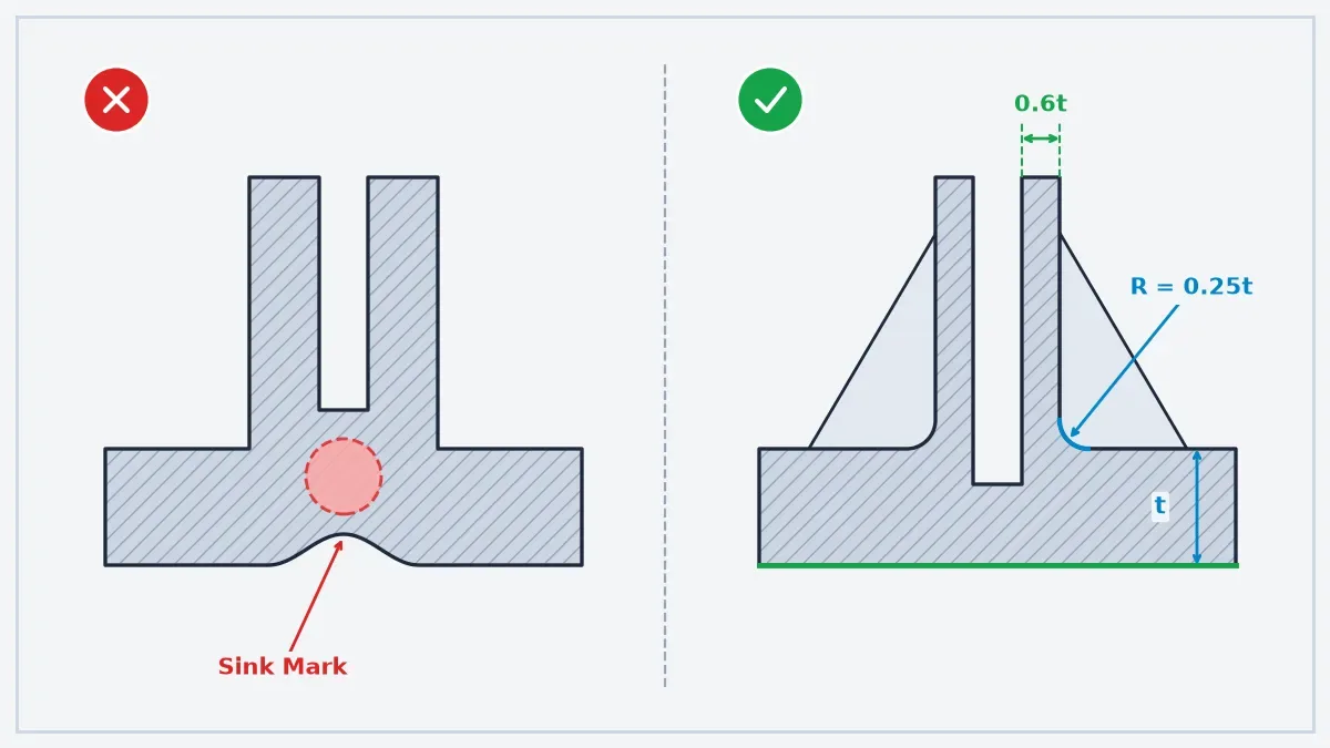 Injection Molding Boss Coring 0.6t Wall Thickness and Sink Mark Prevention DFM Schematic 2D CAD cross-section DFM schematic comparing uncored thick boss sink mark against volcano-cored 0.6t boss with gusset ribs
