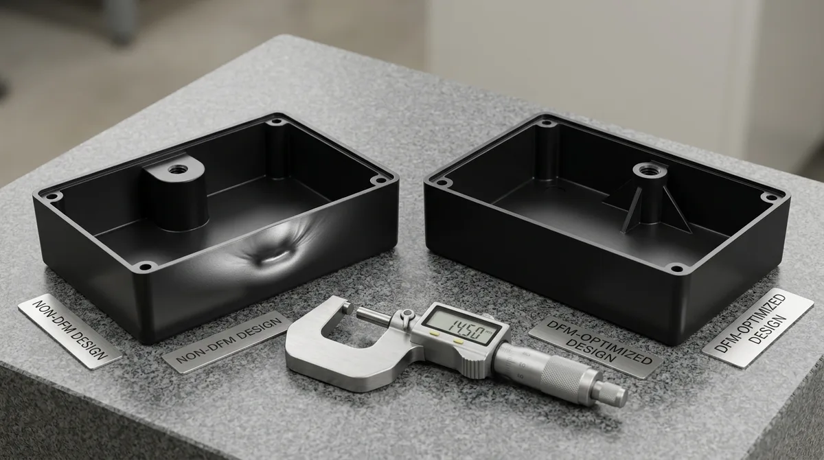 Injection Molding DFM Comparison: Solid Screw Boss Causing Surface Sink Crater Versus Cored-Out Boss with Gusset Ribs