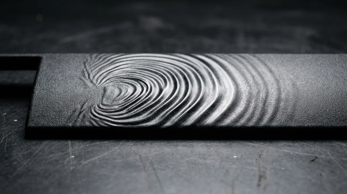 Macro close-up optical inspection of concentric wavy flow mark ripples and gloss hesitation lines on injection molded thermoplastic surface