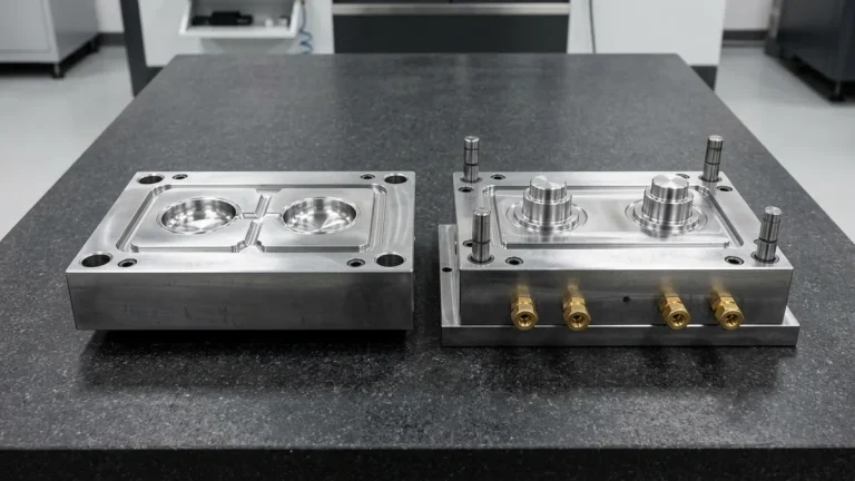 Precision-machined H13 tool steel two-cavity injection mold core and cavity blocks with brass coolant fittings