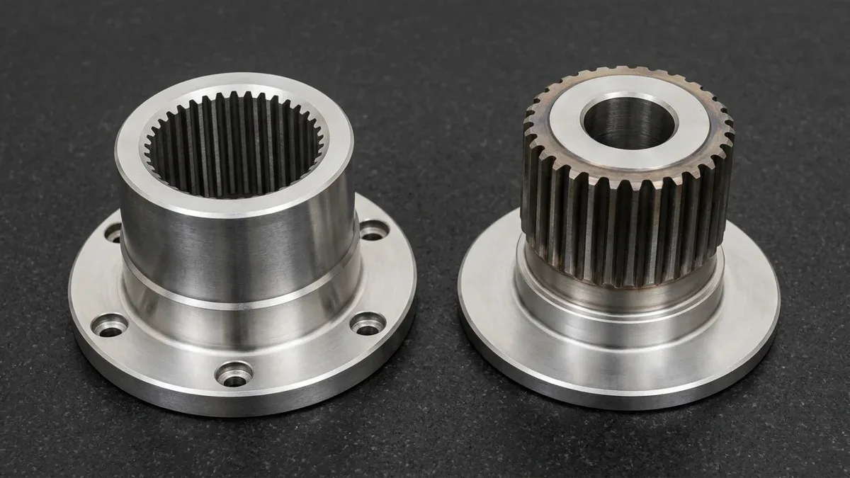 Precision machined 17-4PH stainless steel internal spline coupling sleeve alongside a 42CrMo external involute spline pinion hub