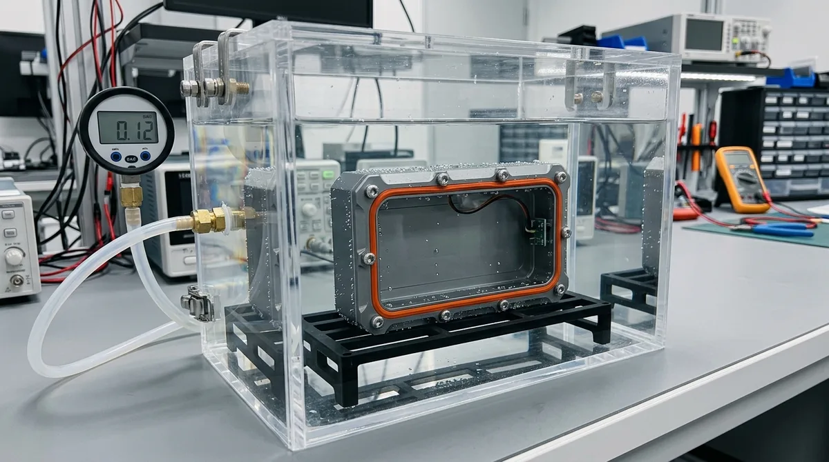 Assembled hardware prototype electronics housing undergoing IP67 water immersion seal qualification test in a clear testing tank