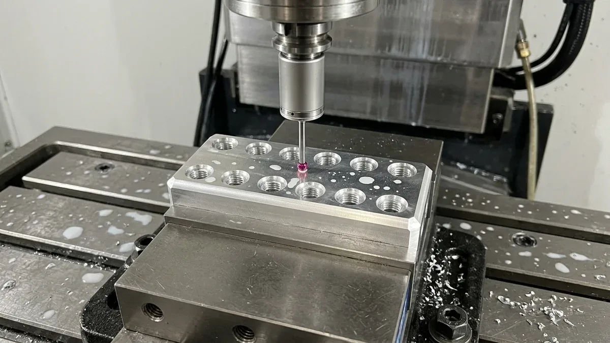 CNC machined 6061-T6 aluminum multi-port fluid manifold block clamped in steel vise during spindle probe inspection