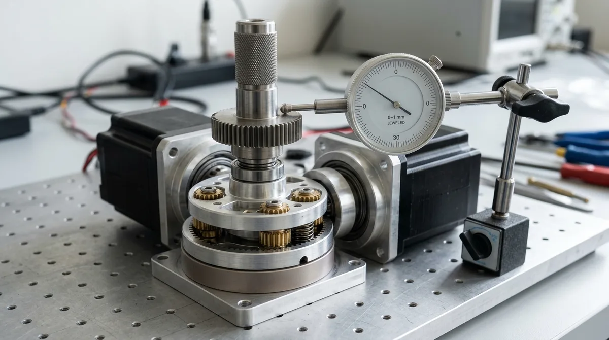 Precision robotic planetary gearbox prototype undergoing kinematic backlash and alignment inspection with dial indicator on optical breadboard