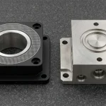 Laser-etched black anodized 6061-T6 aluminum actuator flange beside deep laser-engraved 316L stainless steel valve block