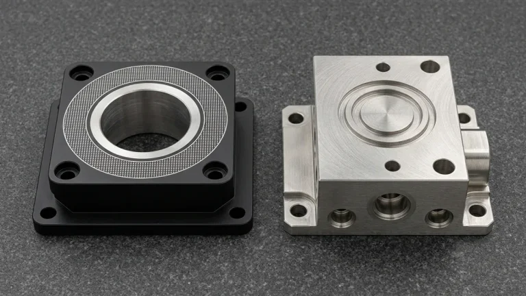 Laser-etched black anodized 6061-T6 aluminum actuator flange beside deep laser-engraved 316L stainless steel valve block