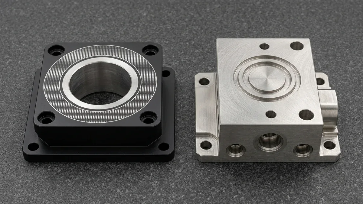 Laser-etched black anodized 6061-T6 aluminum actuator flange beside deep laser-engraved 316L stainless steel valve block