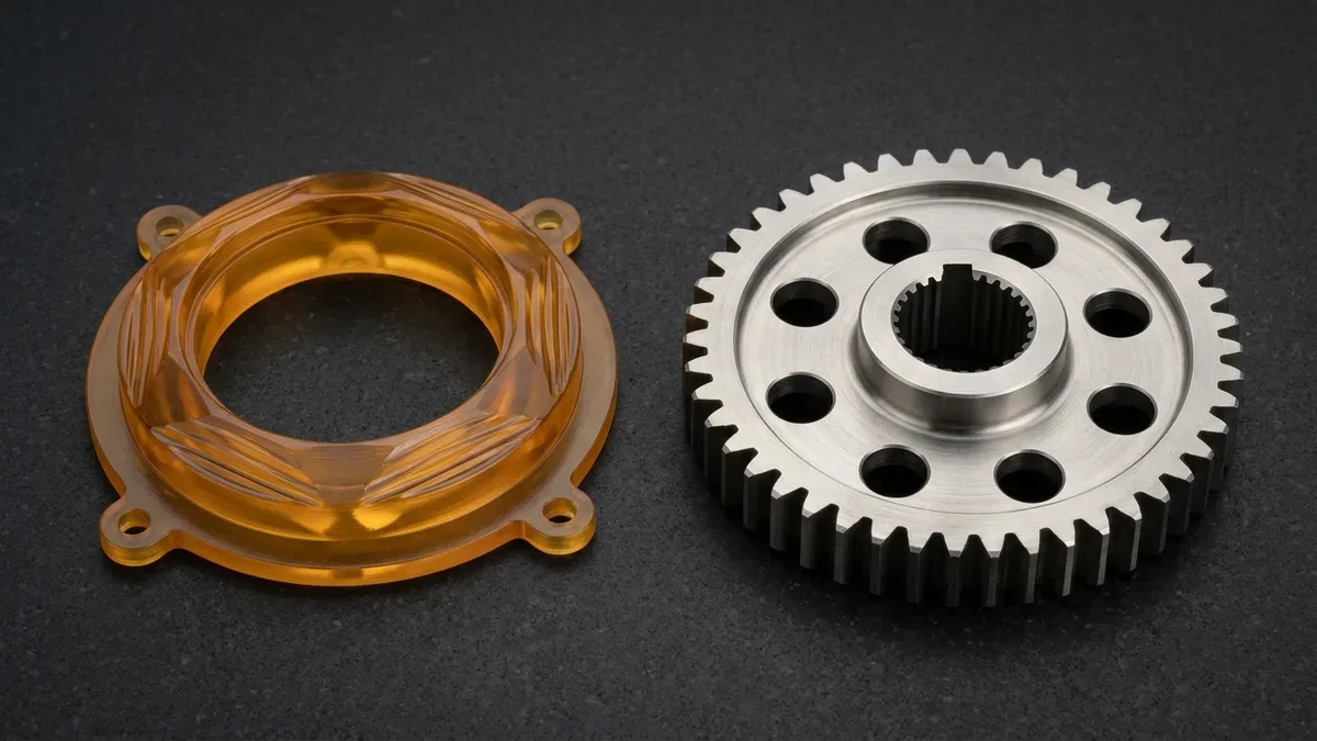 Looks-Like SLA Optical Light-Guide Ring vs Works-Like CNC 17-4PH Stainless Steel Spur Gear Translucent amber SLA 3D-printed optical light-guide ring beside 4-axis CNC-machined 17-4PH stainless steel spur gear prototype