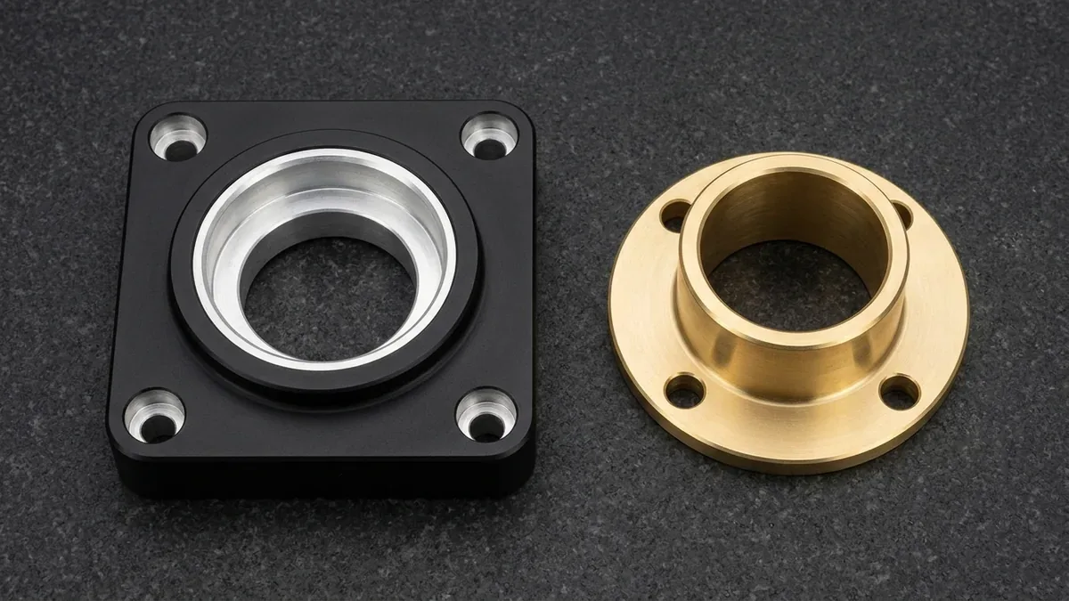 Matte Black Anodized Aluminum Plate with Masked Bearing Bore and C3604 Brass Flanged Bushing Matte-black anodized 6061-T6 aluminum bearing plate with masked bright silver stepped bearing bore beside C3604 brass flanged bushing