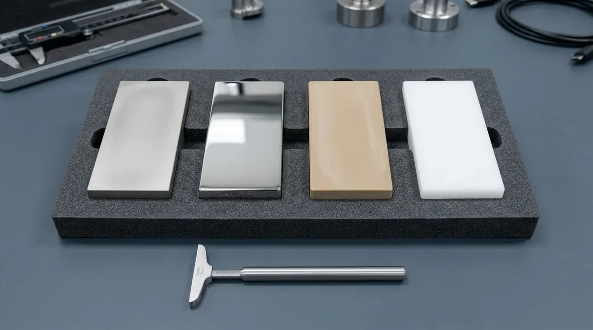 Four precision machined medical grade material specimen blocks titanium, 316LVM stainless, PEEK, and POM-C resting flat inside an ESD foam tray