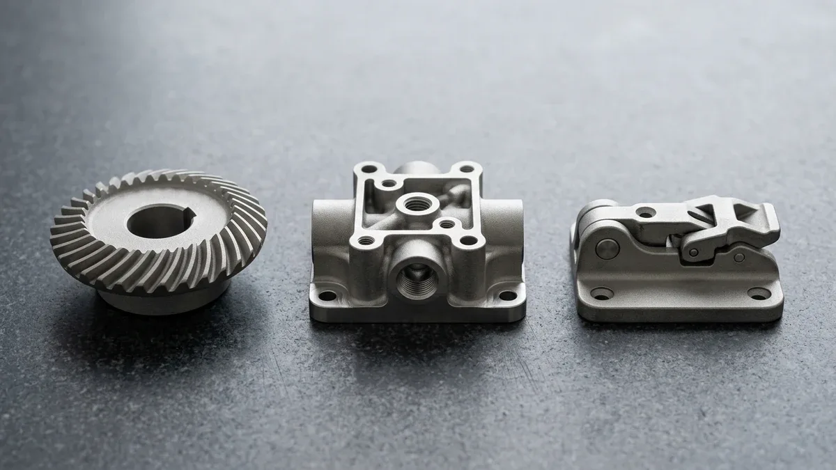 Three metal binder-jetting sintered 17-4PH stainless steel components on black granite: helical bevel gear, multi-port fluid manifold block, and surgical latch bracket with uniform matte sintered finish