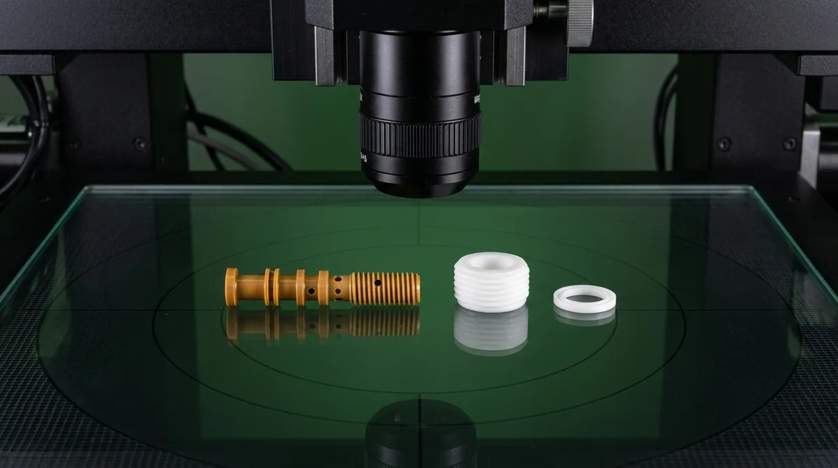 Non-contact 2.5D optical video measuring machine inspecting micro Swiss-machined PEEK medical valve spool and POM-C collar under contour lighting