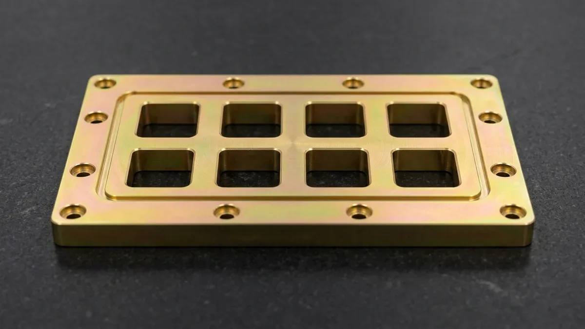 3-axis CNC milled 6061-T6 aluminum RF waveguide bulkhead plate with conductive Class 3 golden chromate conversion coating