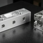 CNC machined 6061-T6 aluminum and 316L stainless steel fluid manifold blocks showing milled pockets and cross-drilled ports