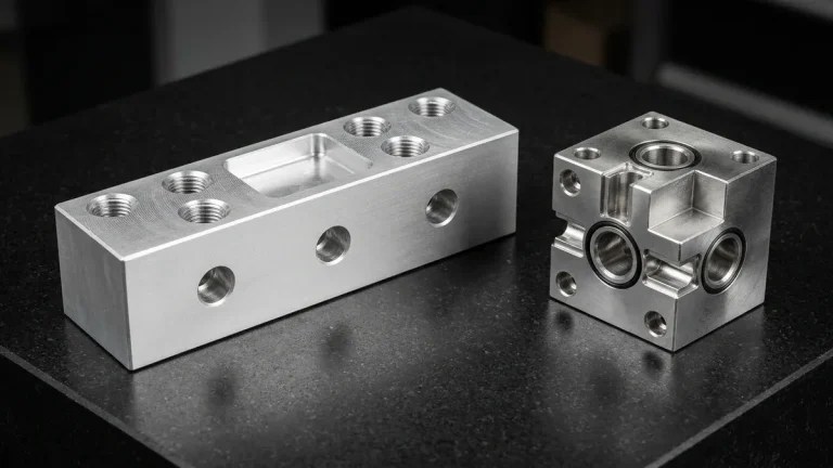 CNC machined 6061-T6 aluminum and 316L stainless steel fluid manifold blocks showing milled pockets and cross-drilled ports