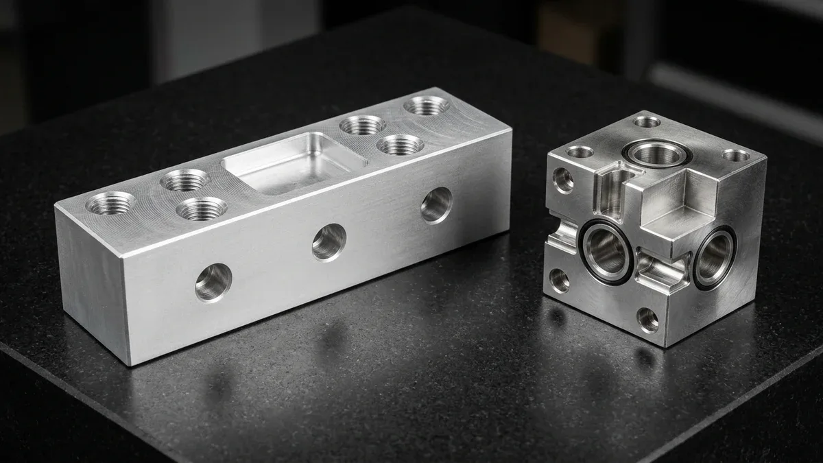 CNC machined 6061-T6 aluminum and 316L stainless steel fluid manifold blocks showing milled pockets and cross-drilled ports