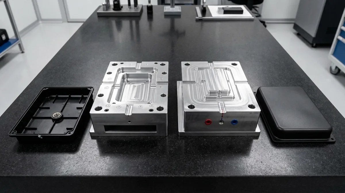 Modular 7075-T651 aluminum rapid tooling mold inserts and molded black ABS prototype enclosure with uniform ribs