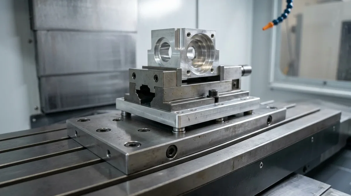Modular zero-point clamping fixture pallet with precision pull-studs docked onto a CNC machine subplate holding an aluminum housing