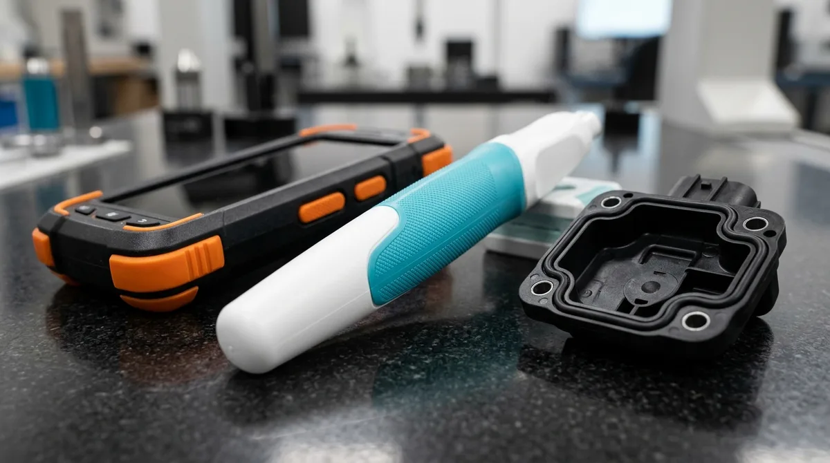 Precision dual-material overmolded components including medical instrument handle, rugged electronics housing, and automotive sealing enclosure resting on a granite metrology surface