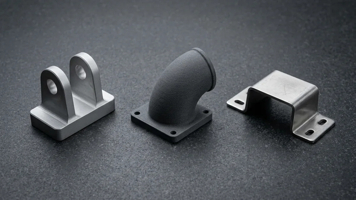 Multi-Process Parallel Prototyping CNC Clevis MJF Manifold and Sheet Metal Hat-Channel Bracket CNC milled 7075 aluminum clevis yoke, MJF PA12 nylon elbow, and 304 stainless steel hat-channel bracket