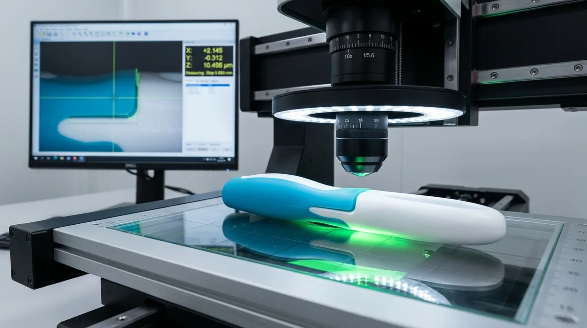 2.5D optical video measuring machine inspecting the bond line thickness and shut-off radius of an overmolded medical handle with telecentric backlighting