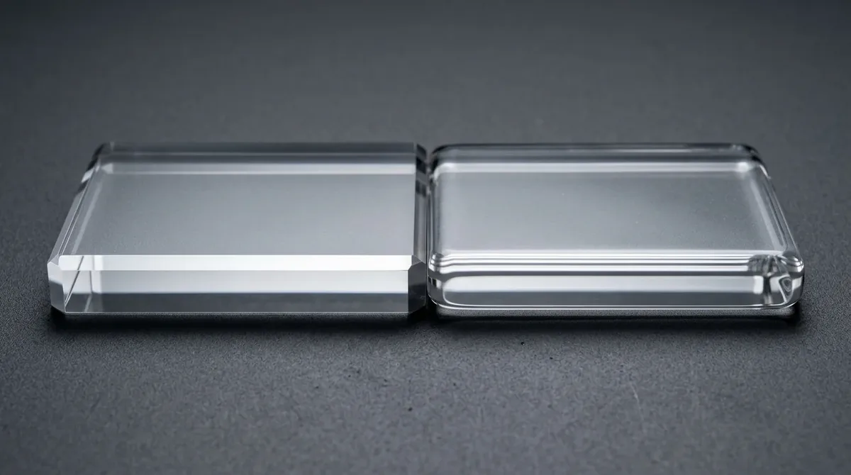 Comparison of SPI A-1 diamond buffed clear acrylic block versus flame polished acrylic block
