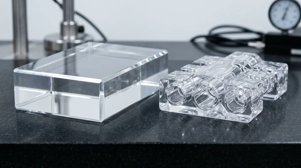 Single-point diamond fly-cut optical PMMA acrylic block alongside vapor-polished and thermally annealed polycarbonate fluidic manifold